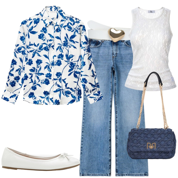 Outfit donna - Fine agosto. Stile Casual chic per Tutti i giorni. Abbinamento con ballerine, jeans bootcut, cinture, camicie, top, borse a spalla.
