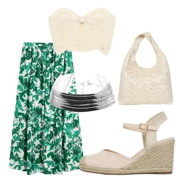Outfit donna - Serata tra amici. Stile Casual chic per Serata fuori. Abbinamento con gonne lunghe, borse a spalla, zeppe, braccialetti, top.