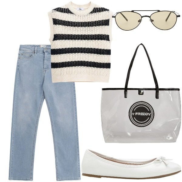 Outfit donna - Estate. Stile Casual per Tutti i giorni. Abbinamento con ballerine, canottiere, shopping bag, occhiali da sole, jeans.