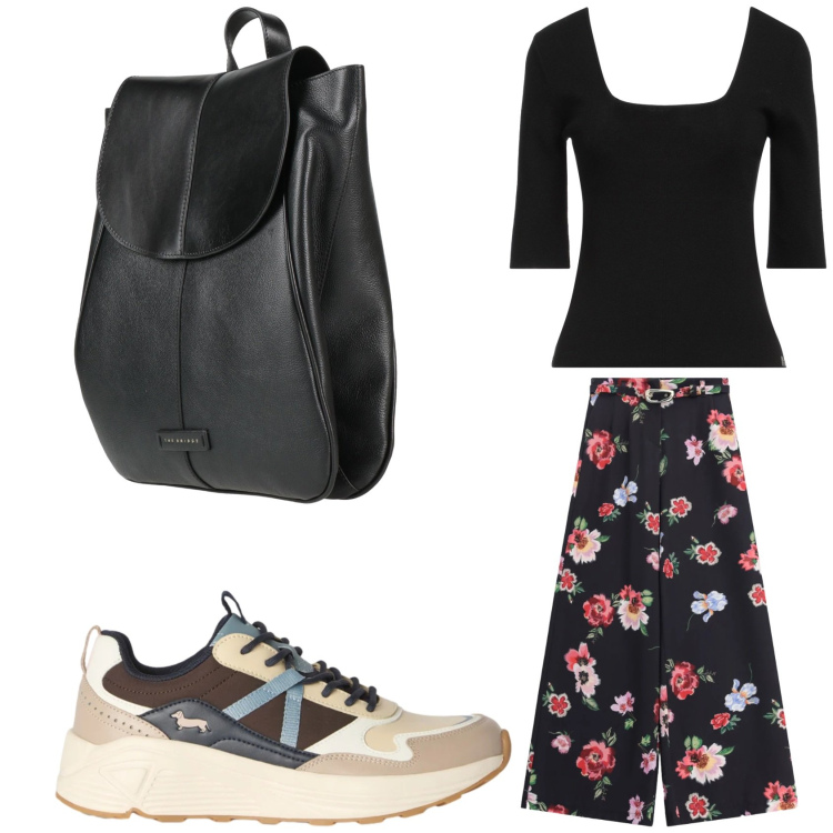 Outfit donna - Montagna chic. Stile Casual chic per Tutti i giorni. Abbinamento con zaini, pullovers, sneakers, pantaloni a palazzo.