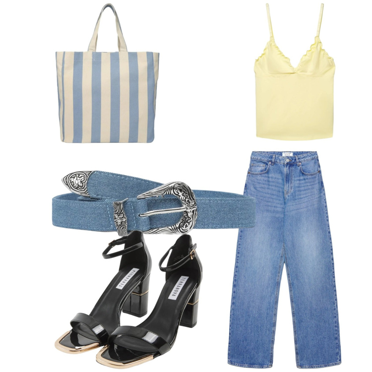 Outfit donna - Fine agosto in Terranova. Stile Basic per Tutti i giorni. Abbinamento con sabot, shopping bag, canottiere, jeans, cinture.