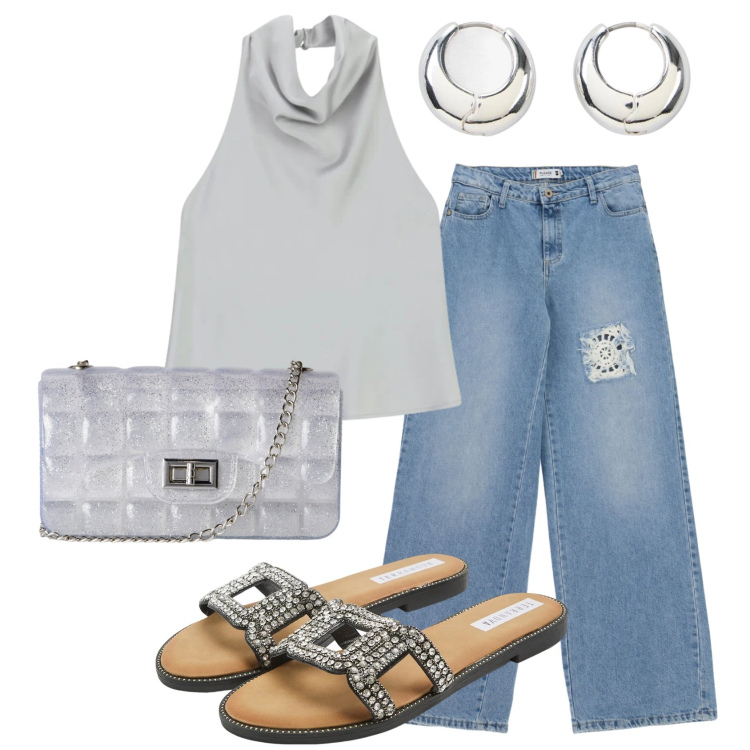 Outfit donna - Total look #2457161. Stile Casual chic per Serata fuori. Abbinamento con orecchini, borse a tracolla, ciabatte, top, tute.