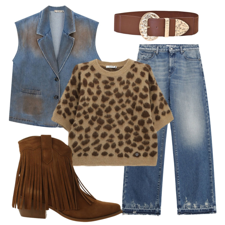 Outfit donna - Total look #2457162. Stile Trendy per Tutti i giorni. Abbinamento con jeans, gilet, maglieria, stivaletti texani, cinture.
