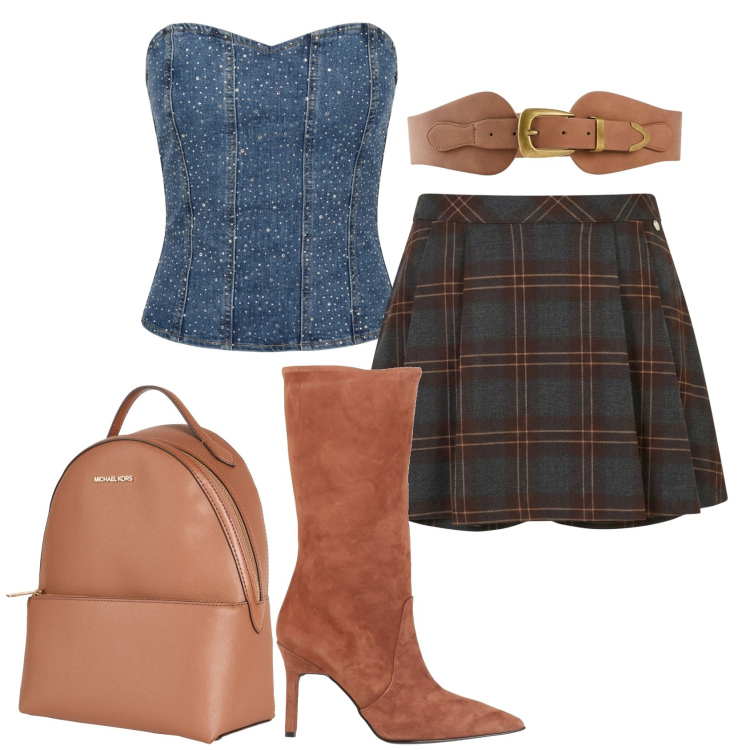 Outfit donna - Total look #2457163. Stile Preppy per Scuola/Università. Abbinamento con stivali, zaini, cinture, minigonne, top.