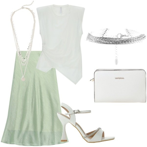 Outfit donna - A cena fuori. Stile Chic per Serata fuori. Abbinamento con collane, gonne longuette, borse a tracolla, top, sandali gioiello, braccialetti.