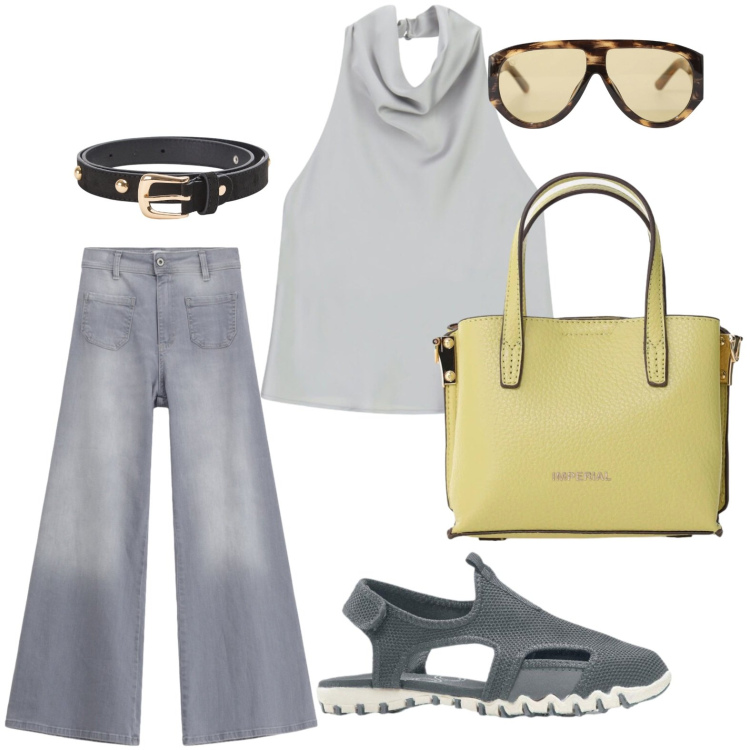 Outfit donna - Il top silver. Stile Casual per Tutti i giorni. Abbinamento con sandali, top, occhiali da sole, borse a tracolla, cinture, jeans.