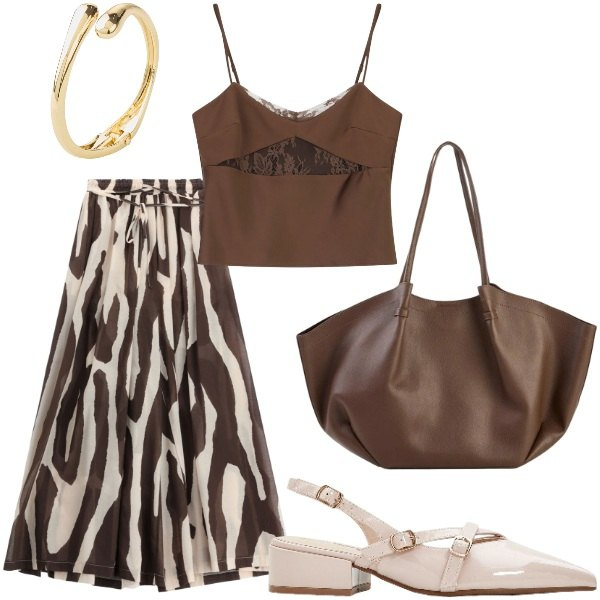 Outfit donna - Compleanno in villa. Stile Glamour per Serata fuori. Abbinamento con braccialetti, shopping bag, décolleté, pantaloni a palazzo, canottiere.