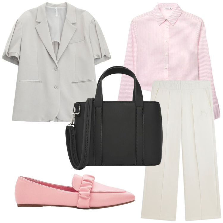 Outfit donna - Blazer con maniche vorte. Stile Casual per Serata fuori. Abbinamento con mocassini, blazer, borse a tracolla, camicie, pantaloni.