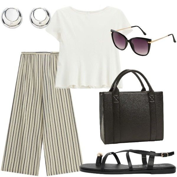 Outfit donna - Si torna al lavoro. Stile Casual per Tutti i giorni. Abbinamento con orecchini, occhiali da sole, pantaloni a palazzo, top, borse tote, sandali.