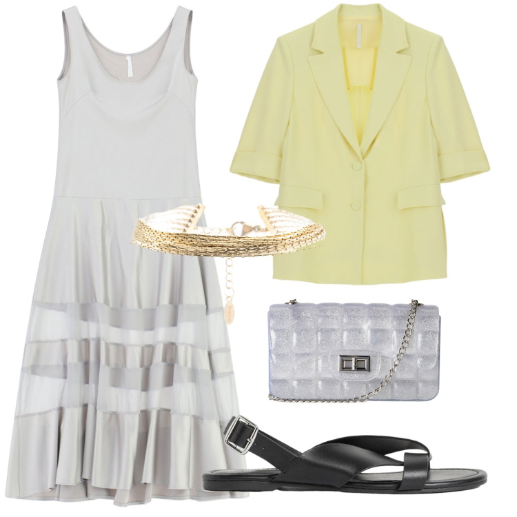Outfit donna - L\'abito versatile. Stile Glamour per Serata fuori. Abbinamento con sandali, vestiti lunghi, blazer, borse a tracolla, braccialetti.