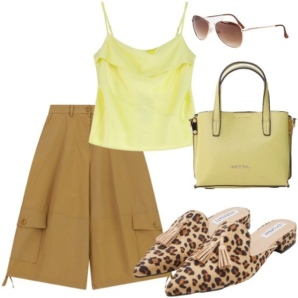 Outfit donna - Estate. Stile Casual chic per Tutti i giorni. Abbinamento con occhiali da sole, canottiere, pantaloni a palazzo, borse a tracolla, sabot.