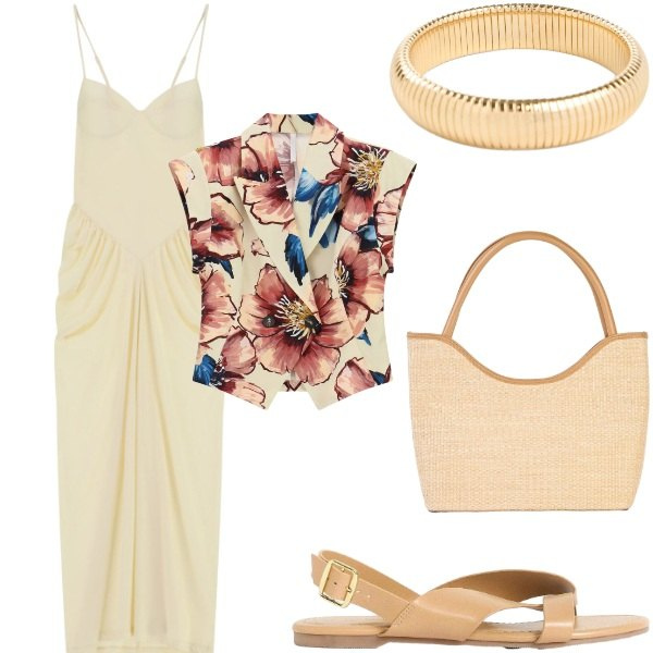 Outfit donna - Compleanno in villa. Stile Glamour per Serata fuori. Abbinamento con shopping bag, sandali, braccialetti, gilet, vestiti lunghi.