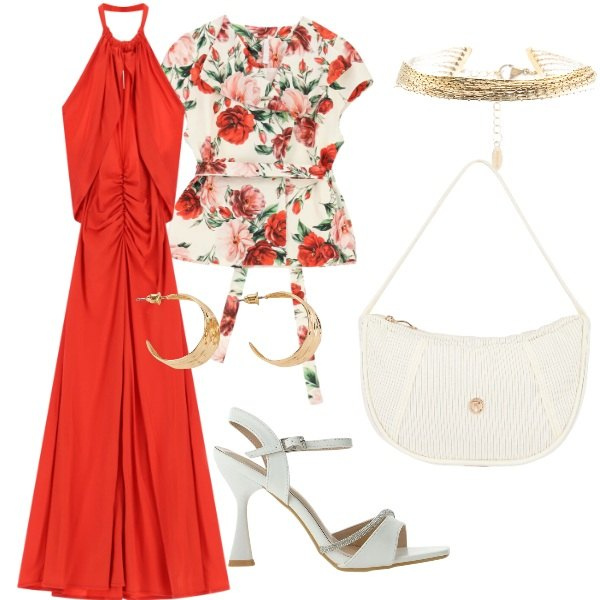Outfit donna - Matrimonio in vista. Stile Glamour per Cerimonia. Abbinamento con orecchini, vestiti lunghi, gilet, sandali gioiello, borse a mano, braccialetti.