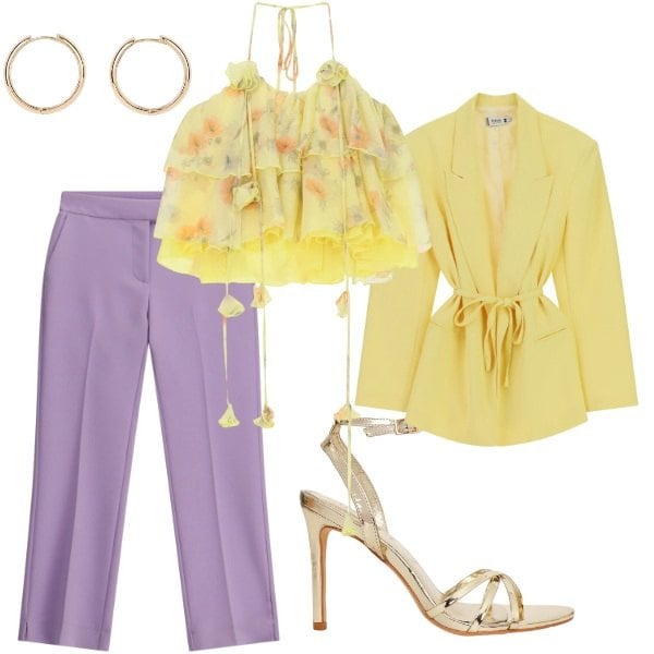Outfit donna - Matrimonio in vista. Stile Glamour per Cerimonia. Abbinamento con orecchini, sandali col tacco, blazer, pantaloni, top.