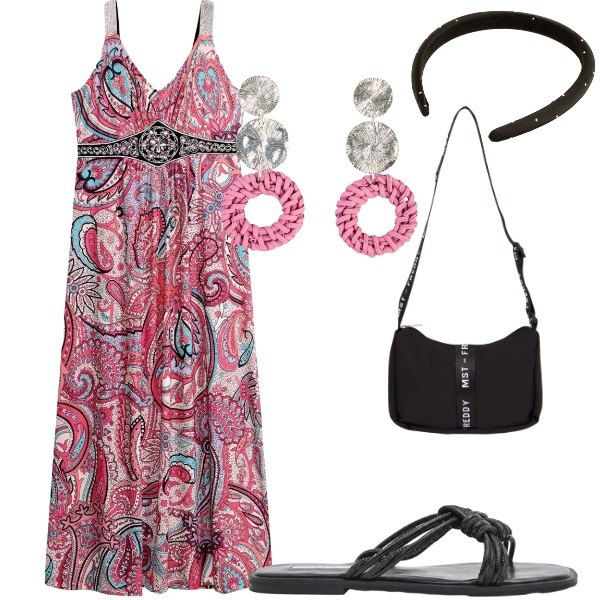 Outfit donna - Estate. Stile Casual per Tutti i giorni. Abbinamento con orecchini, vestiti lunghi, sandali, borse a tracolla, cerchietti.