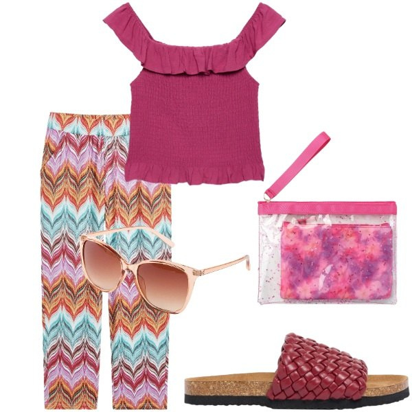 Outfit donna - Estate. Stile Casual per Tutti i giorni. Abbinamento con pantaloni, occhiali da sole, ciabatte, pochette, top.