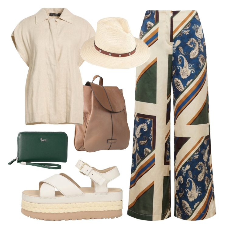 Outfit donna - Comoda ma con stile. Stile Casual per Mare. Abbinamento con zaini, camicie a manica corta, sandali in pelle, cappelli, portafogli, pantaloni a palazzo.