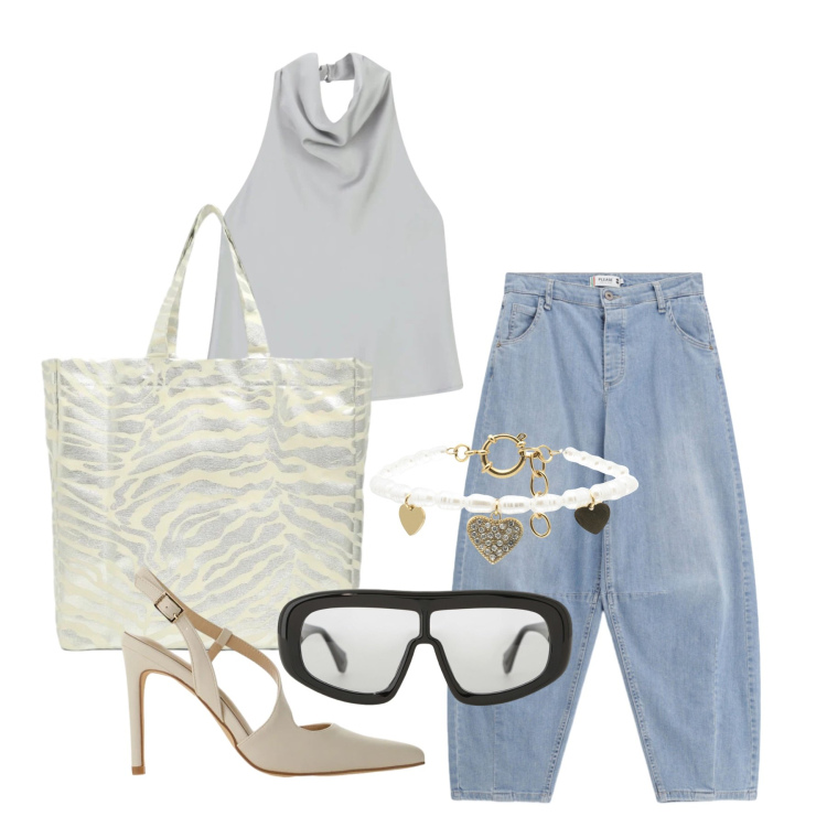 Outfit donna - Agosto. Stile Glamour per Tutti i giorni. Abbinamento con top, occhiali da sole, décolleté, shopping bag, jeans, braccialetti.