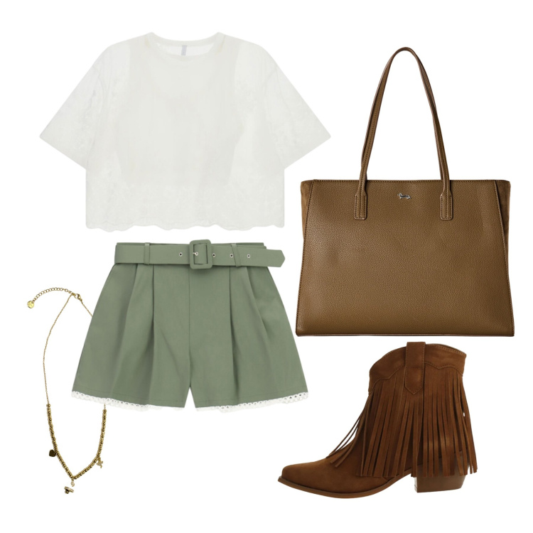Outfit donna - Agosto. Stile Casual chic per Tutti i giorni. Abbinamento con shopping bag, t-shirt, stivaletti texani, shorts, ciondoli.