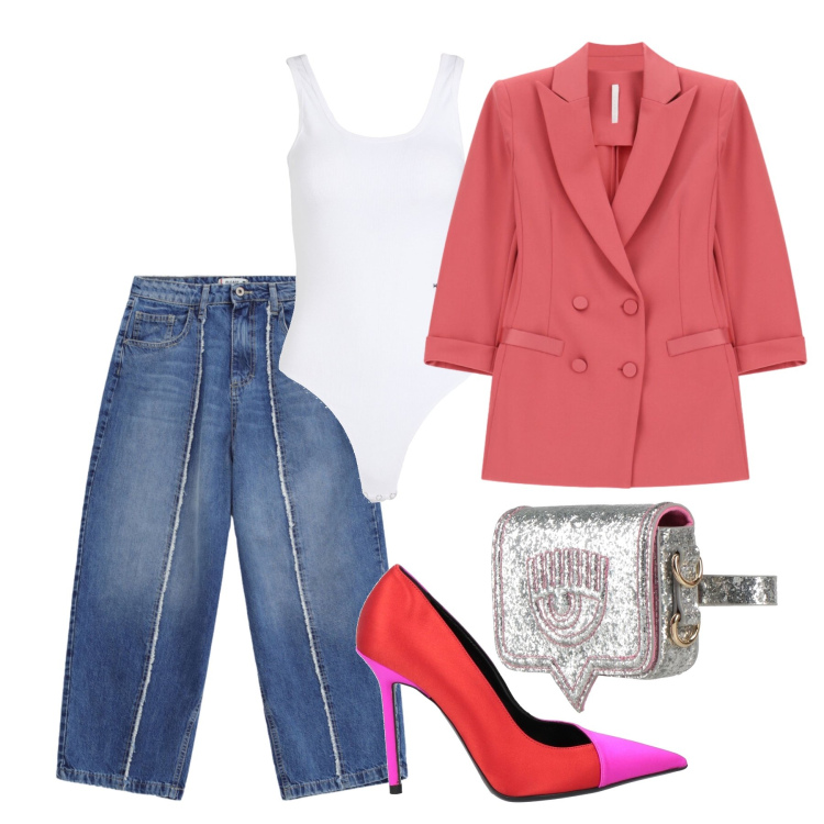 Outfit donna - Agosto. Stile Glamour per Tutti i giorni. Abbinamento con décolleté, marsupi, body, blazer, jeans dritti.