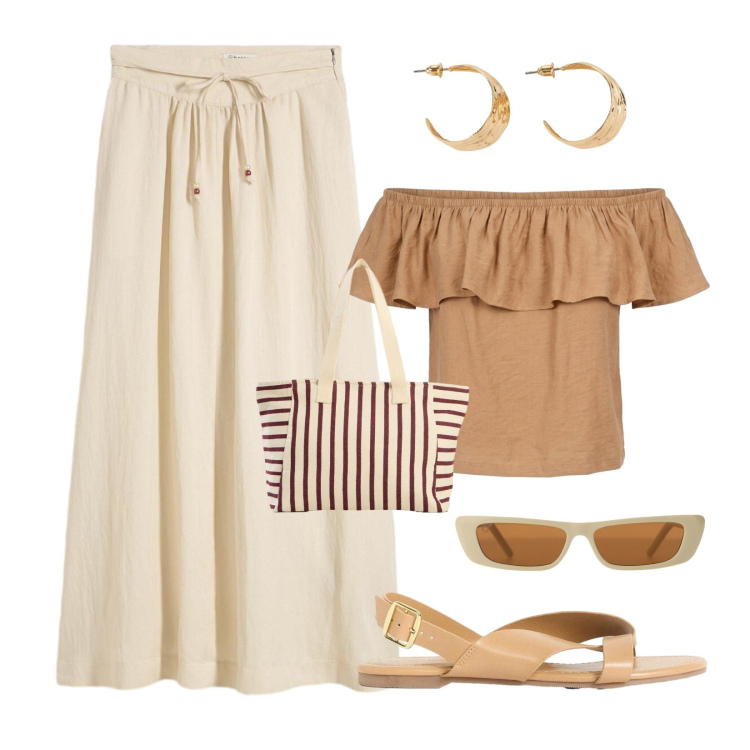 Outfit donna - Texture estive. Stile Casual per Mare. Abbinamento con sandali, orecchini, shopping bag, gonne lunghe, occhiali da sole, top.