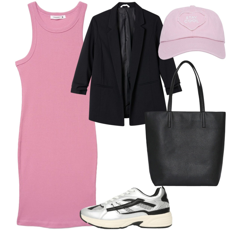 Outfit donna - Poco per brillare. per Tutti i giorni. Abbinamento con vestiti midi/longuette, sneakers, blazer, borse tote, cappelli.