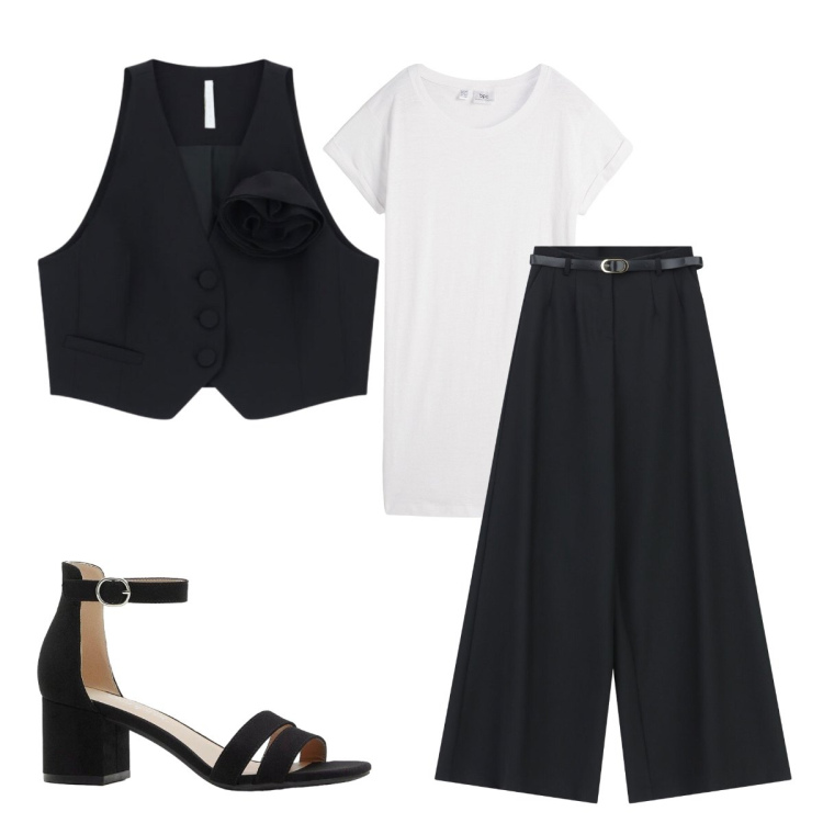 Outfit donna - Agosto. Stile Mannish per Cerimonia. Abbinamento con t-shirt, sandali col tacco, pantaloni a palazzo, gilet.