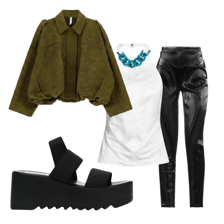 Outfit donna - Agosto. Stile Rock per Serata fuori. Abbinamento con leggings, top, sandali col tacco, bomber.