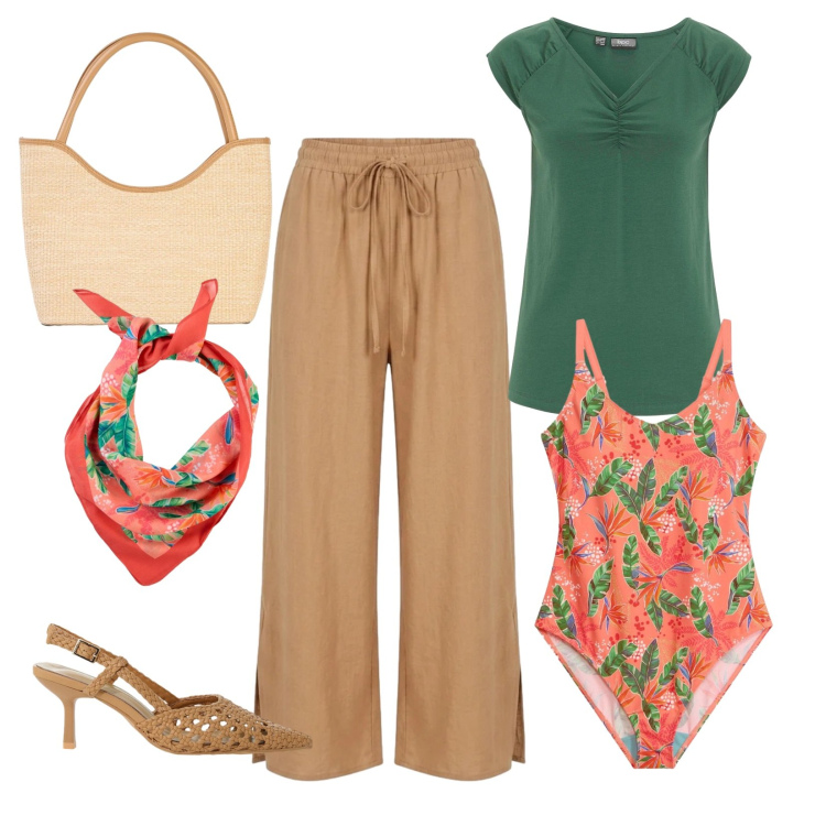 Outfit donna - Ultimi giorni di mare. Stile Casual per Mare. Abbinamento con costumi interi, foulard, t-shirt, shopping bag, décolleté, pantaloni.