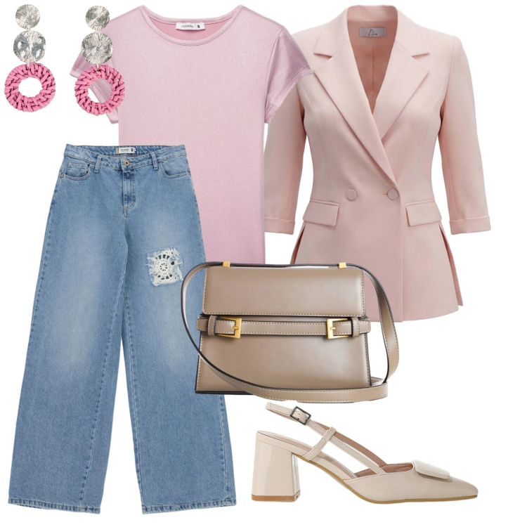 Outfit donna - Settembre ufficio. per Ufficio. Abbinamento con orecchini, borse a tracolla, t-shirt, blazer, tute, décolleté.