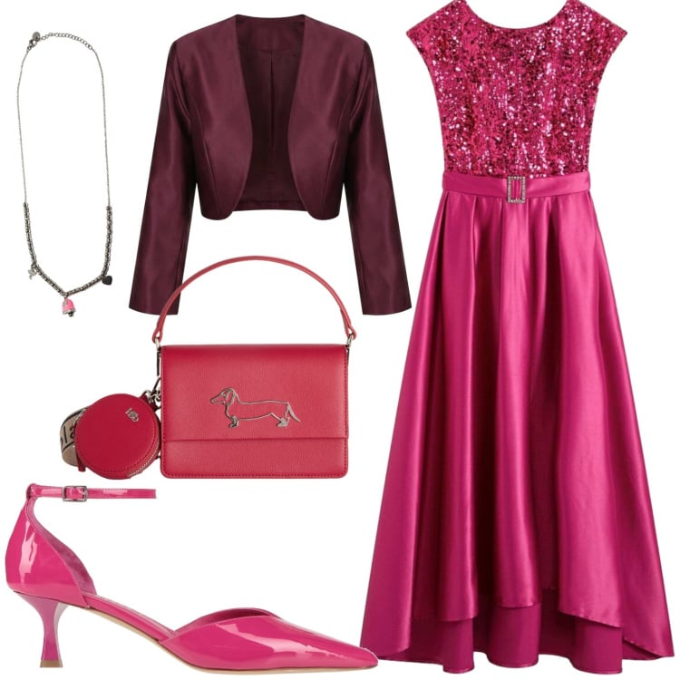 Outfit donna - Chic. Stile Chic per Cerimonia. Abbinamento con décolleté, vestiti lunghi, borse a tracolla, ciondoli, blazer.
