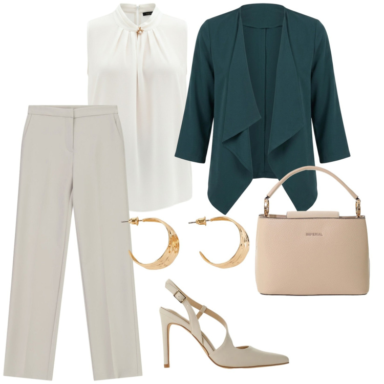 Outfit donna - Invito speciale. per Cerimonia. Abbinamento con orecchini, décolleté, borse a secchiello, pantaloni a palazzo, top, blazer.