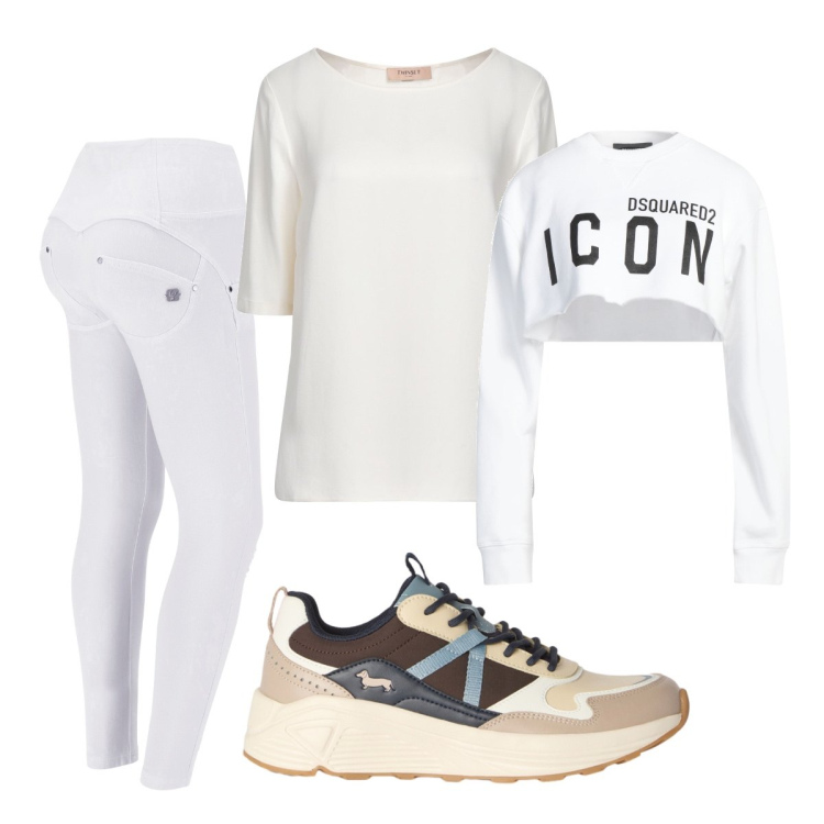 Outfit donna - Agosto. Stile Minimal per Sport. Abbinamento con top, felpe, sneakers, pantaloni skinny.