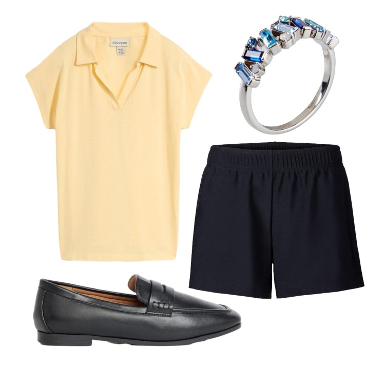Outfit donna - Agosto. Stile Preppy per Tutti i giorni. Abbinamento con pantaloni corti, mocassini, anelli, polo.