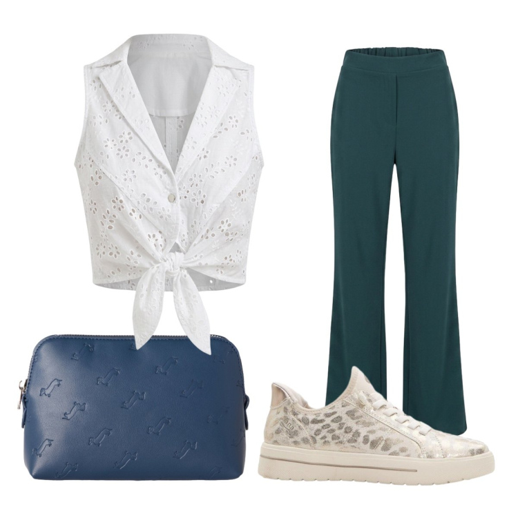 Outfit donna - Blu e bianco. Stile Basic per Tutti i giorni. Abbinamento con sneakers, pochette, top, pantaloni.