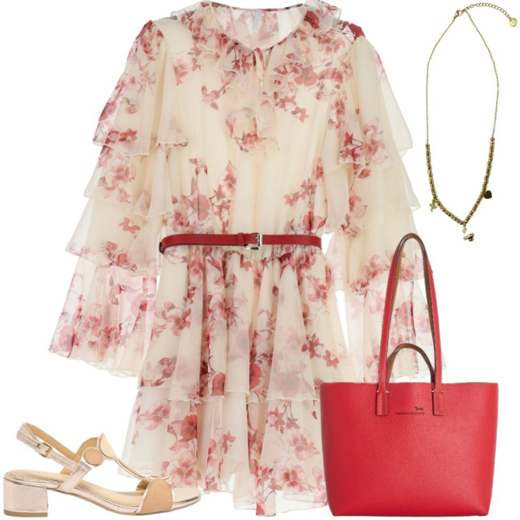 Outfit donna - Total look #2457251. Stile Casual chic per Tutti i giorni. Abbinamento con sandali col tacco, shopping bag, vestiti corti, ciondoli.