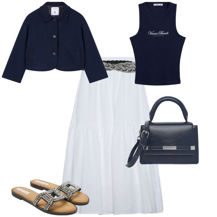 Outfit donna - Casual chic fine estate. Stile Casual chic per Tutti i giorni. Abbinamento con blazer, canottiere, gonne lunghe, borse a tracolla, ciabatte, cinture.