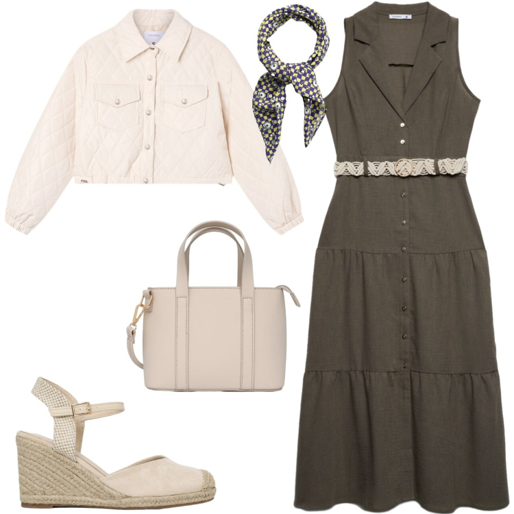 Outfit donna - Casual chic ufficio tempo libero. Stile Casual chic per Tutti i giorni. Abbinamento con vestiti chemisier, giacche, foulard, zeppe, borse a tracolla.