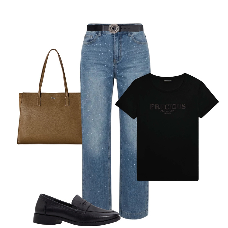 Outfit donna - Rientro in città minimalista. Stile Minimal per Tutti i giorni. Abbinamento con mocassini, shopping bag, cinture, t-shirt, jeans.