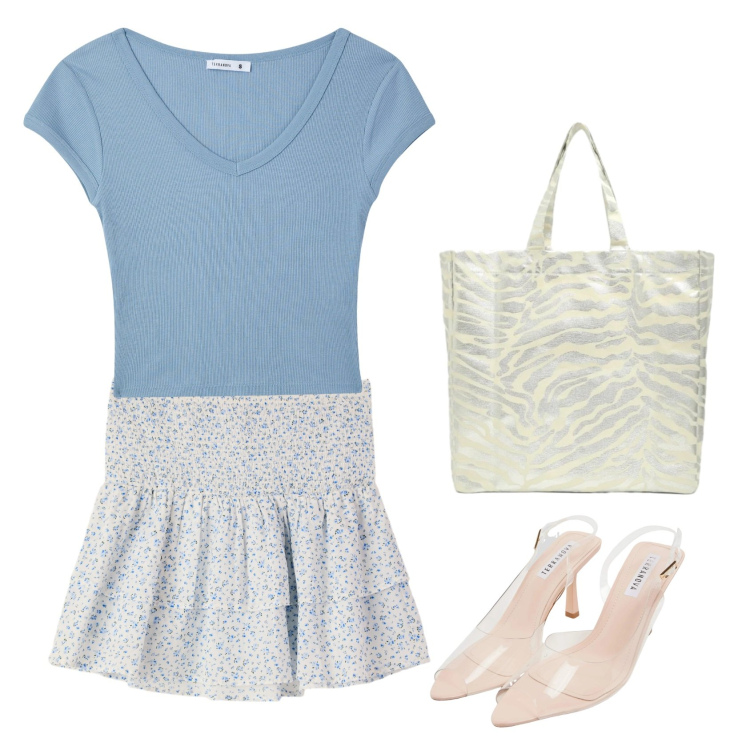 Outfit donna - Total look #2457263. Stile Casual per Tutti i giorni. Abbinamento con t-shirt, sandali col tacco, minigonne, shopping bag.