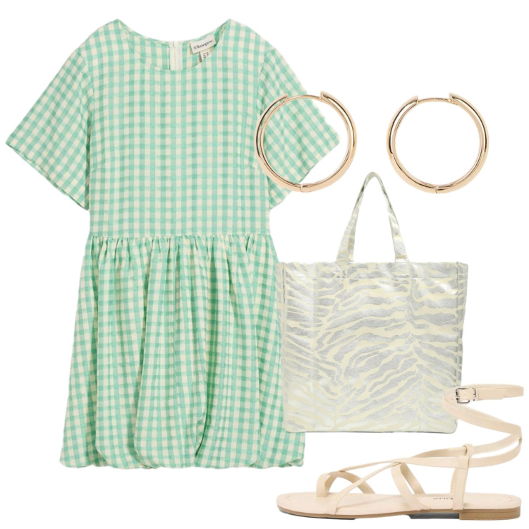 Outfit donna - Agosto. Stile Bon Ton per Tutti i giorni. Abbinamento con orecchini, sandali, vestiti corti, shopping bag.