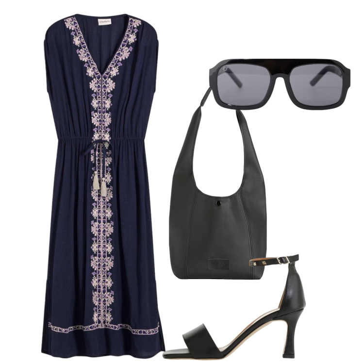 Outfit donna - Agosto. Stile Bon Ton per Tutti i giorni. Abbinamento con vestiti midi/longuette, borse a spalla, occhiali da sole, sandali col tacco.