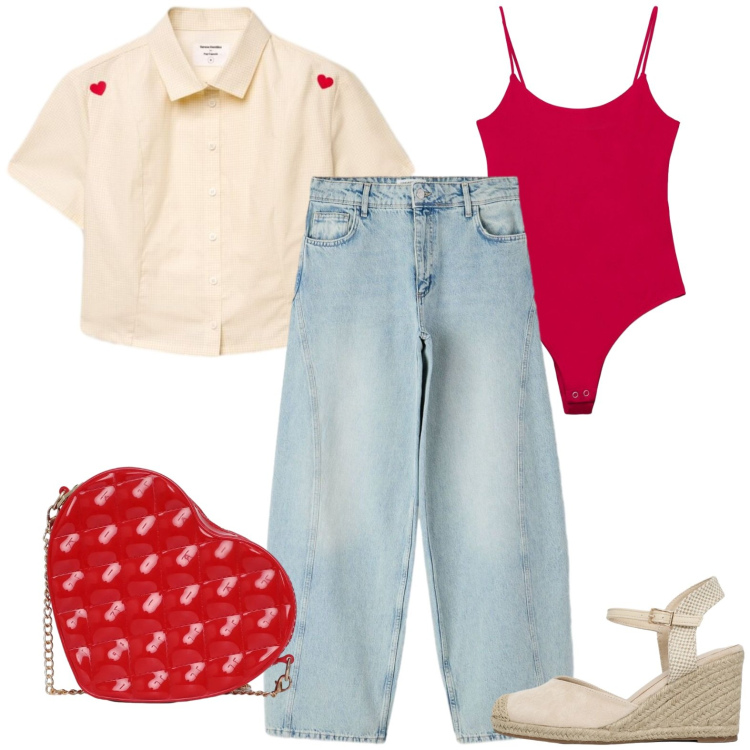 Outfit donna - Sere d\'estate. Stile Casual per Serata fuori. Abbinamento con top, borse a tracolla, zeppe, jeans, camicie a manica corta.