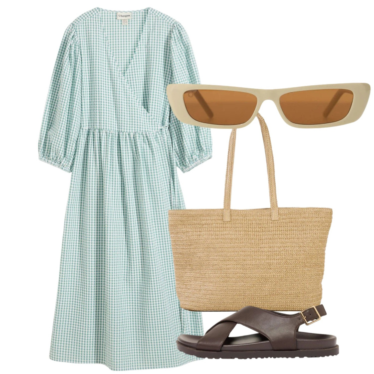 Outfit donna - Agosto vichy. Stile Bon Ton per Tutti i giorni. Abbinamento con shopping bag, vestiti, sandali in pelle, occhiali da sole.