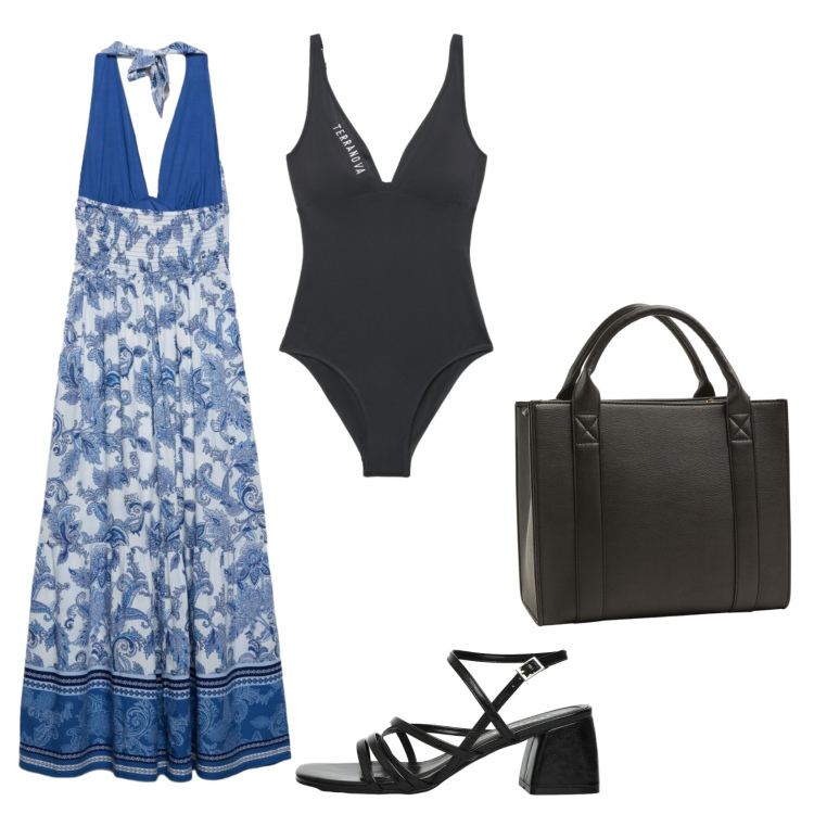 Outfit donna - Total look #2457269. Stile Casual per Mare. Abbinamento con costumi interi, borse tote, sandali col tacco, vestiti lunghi.