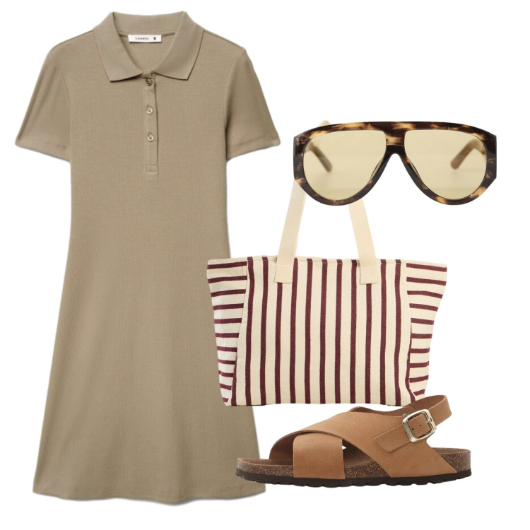 Outfit donna - Agosto giorno. Stile Bon Ton per Tutti i giorni. Abbinamento con sandali in pelle, shopping bag, occhiali da sole, vestiti corti.