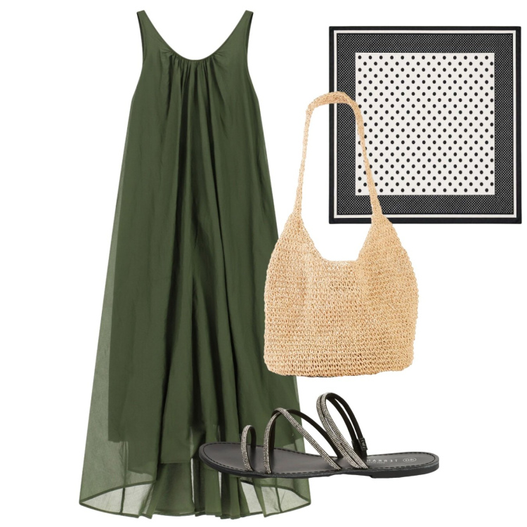 Outfit donna - Agosto. Stile Chic per Tutti i giorni. Abbinamento con shopping bag, sandali, foulard, vestiti lunghi.