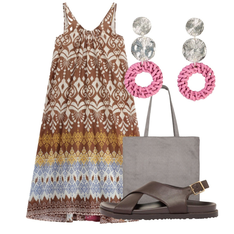 Outfit donna - Ag. Stile Bon Ton per Tutti i giorni. Abbinamento con sandali in pelle, orecchini, vestiti lunghi, shopping bag.