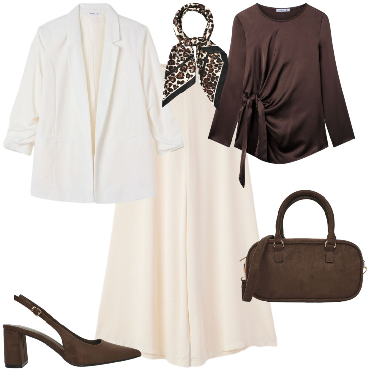 Outfit donna - Chic ufficio tempo libero. Stile Chic per Tutti i giorni. Abbinamento con bluse, foulard, pantaloni, borse a tracolla, décolleté, blazer.