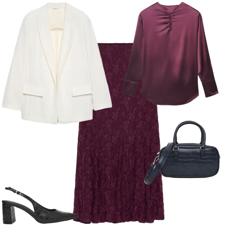 Outfit donna - Chic serata evento. Stile Chic per Serata fuori. Abbinamento con gonne lunghe, bluse, blazer, borse a spalla, décolleté.